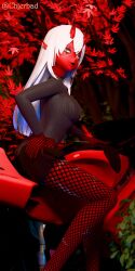 akumi autumn_leaves breasts female fishnet_legwear fishnets high_heels horns leaf long_hair looking_at_viewer oni oni_horns red_skin sitting solo tree vyugen white_hair