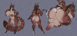anthro anus armlet balls big_balls big_breasts big_penis breasts brown_hair clothing feet felid feline female foot_focus fur genitals gold_(metal) gold_jewelry gynomorph hair hi_res huge_balls huge_breasts huge_cock intersex jewelry long_hair mammal markings model_sheet nipple_piercing nipples pantherine penis piercing presenting presenting_anus rear_view ring ring_(marking) ringed_penis ringed_tail solo striped_body striped_fur striped_markings striped_tail stripes tail tail_markings tail_tuft translucent translucent_clothing tuft velvetveil vulva