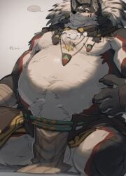 balls beard belly big_belly body_hair canid canine canis clothed clothing facial_hair genitals hi_res jewelry leiter_stosszahn male mammal mature_male necklace piercing prooof_(artist) ring_piercing solo wolf