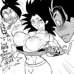 1boy 2girls big_breasts black_eyes black_hair blush bouncing_breasts breast_awe breasts cabba caulifla dragon_ball dragon_ball_super drunk english_text exposed_breasts female female_pervert flashing kale light-skinned_female light_skin long_hair male monochrome multiple_girls nipples presenting presenting_breasts pseudocel saiyan showing_off smug solo_focus spiky_hair staring staring_at_breasts sweat text