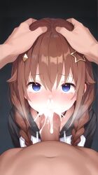 1boy 1girls ai_generated black_hoodie blue_eyes blush brown_hair cum_in_mouth fellatio female hands_on_another's_head hololive hololive_gen_0 hololive_japan male penis straight tokino_sora virtual_youtuber