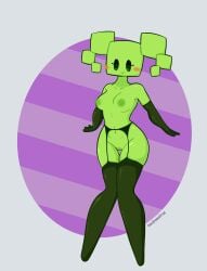 2023 areola armwear artist_name ass black_armwear black_clothing black_elbow_gloves black_garter_belt black_garter_straps black_gloves black_handwear black_legwear black_thigh_highs blush blush_stickers boobawalrus breasts clothing digital_media_(artwork) elbow_gloves eyelashes eyeshadow featureless_legs female female_humanoid garter_belt garter_straps genitals gloves green_areola green_body green_breasts green_butt green_hair green_nipples green_skin green_vulva hair handwear hi_res humanoid humanoid_genitalia humanoid_vulva knock-kneed legwear makeup mario_bros medium_breasts mimi_(paper_mario) mostly_nude_female mostly_nude_humanoid navel nintendo nipples not_furry paper_mario purple_text red_blush smile solo standing text thigh_highs twintails vulva watermark