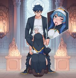 1boy after_fellatio ass black_thighhighs blue_dress blue_eyes blue_gemstone blue_hair blue_jacket blue_pants breasts candle caroline_(nayt_layt) clothes_pull coif commentary cum cum_in_mouth cum_string dress english_commentary feet female garter_straps gem glasses gold_trim highres indoors jacket kneeling large_breasts long_hair long_sleeves looking_at_another looking_down makeup nayt_layt no_shoes nun one_eye_closed open_clothes open_jacket open_mouth original pants pants_pull puffy_long_sleeves puffy_sleeves runny_makeup sculpture shirt short_hair soles standing straight t-shirt tearing_up thighhighs toes tongue tongue_out white_shirt window