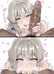 1boy 1girls 2koma adult big_penis blowjob blue_eyes cum cum_in_mouth dark-skinned_male fellatio female licking_lips long_penis looking_at_viewer male milf oral oral_sex penis pov pubes_on_face pubic_hair silver_hair smegma smell_cheese uzaki-chan_wa_asobitai! uzaki_tsuki veiny_penis watermark