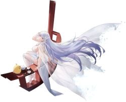 albion_(azur_lane) albion_(scent_of_spring_in_the_red_pavilion)_(azur_lane) azur_lane black_background blue_eyes breasts bug butterfly cg cup dress female floating_hair flower from_side full_body hair_flower hair_ornament large_breasts long_hair looking_at_viewer no_shoes official_alternate_costume official_art pointy_ears see-through see-through_dress sideboob simple_background sitting smile solo table teacup teapot thighhighs very_long_hair white_dress white_flower white_hair white_thighhighs
