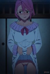 ass_visible_through_thighs blush bow bowtie breasts censored commentary dandadan english_commentary female highres indoors large_breasts long_sleeves looking_to_the_side mosaic_censoring night no_panties paid_reward_available pajamas parted_lips patreon_logo patreon_username pink_hair pussy red_bow red_bowtie shiratori_aira_(dandadan) short_hair solo standing thighs white_pajamas zuharu