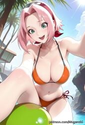 ai_generated amused bikini day female green_eyes hairband halterneck medium_hair mugenshi naruto naruto_(series) naruto_shippuden orange_bikini orange_swimsuit outdoors patreon_username perspective pink_hair reaching_out reward_available sakura_haruno self_upload smile solo sunlight swimsuit two-piece_swimsuit