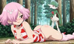 ai_generated dr.stone female female_focus forest forest_background gallade light_pink_hair lipstick luna_wright pokemon underwear_aside