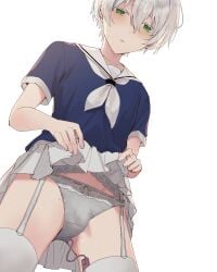 1boy anal anal_object_insertion bad_source blush bulge clothes_lift crossdressing crossdressing_(mtf) from_below garter_belt garter_straps green_eyes grey-haired_boy_(sunaba_(nczd5875)) half-closed_eyes highres male_focus male_penetrated object_insertion open_mouth original panties sailor_collar sex_toy skirt skirt_lift solo sunaba_(nczd5875) trap underwear white_hair white_panties