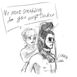 1girls collar cowbell dark_eldar dialogue dominant_female drukhari elf_ears english_text female jetblackraider sketch sound_effects speech_bubble submissive_male text warhammer_(franchise) warhammer_40k