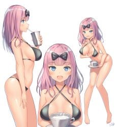 1girls alternate_version_available big_breasts bikini bikini_bottom bikini_top black_bikini blue_eyes bottomwear breasts cleavage close-up cup drink drinking drinking_milk female female_only fujiwara_chika grabbing_own_breast hair hair_ornament hair_ribbon hand_on_breast holding_drink huge_breasts kaguya-sama_wa_kokurasetai_~tensai-tachi_no_renai_zunousen~ long_hair multiple_views pink_hair self_fondle side_view sideboob smile solo solo_female swimwear topwear xiaoxi0619