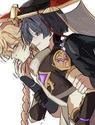 2boys aether_(genshin_impact) blonde_hair bondage choker dark dominant domination gay genshin_impact hair hardcore kami male only scaramouche_(genshin_impact) submissive teasing