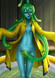 1girls 2021 blue_body blush breasts convenient_censoring female female_only greamyart green_eyes green_tentacles hi_res looking_at_viewer monster_girl monster_musume_no_iru_nichijou open_clothes open_mouth raincoat slime slime_girl small_breasts smiling smiling_at_viewer solo suu_(monster_musume) tentacle