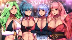 4girls alternate_costume alternate_hairstyle bare_midriff bare_shoulders blue_eyes blue_hair brown_eyes byleth_(fire_emblem) byleth_(fire_emblem)_(female) cleavage dancer dancer_outfit drink elbow_gloves fingerless_gloves fire_emblem fire_emblem:_three_houses fireworks gloves green_eyes green_hair headphones hilda_valentine_goneril huge_breasts japanese_clothes large_breasts light_blue_hair light_blush long_hair looking_at_viewer lumarianne20 marianne_von_edmund medium_hair modern multiple_girls necklace new_year nintendo nipple_bulge nipples one_eye_closed open_mouth open_smile pink_eyes pink_hair ponytail rhea_(fire_emblem) short_hair skimpy smile tank_top teal_hair twintails wink