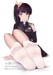 bangs black_hair blush butterfly_hair_ornament demon_slayer feet female female_only foot_fetish foot_focus fully_clothed kimetsu_no_yaiba lenxiao long_hair looking_at_viewer ponytail purple_eyes see-through_clothing sheer_legwear side_ponytail signature sitting smile socks soles solo tsuyuri_kanao uniform white_socks