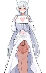 1futa absurdres bar_censor blue_archive blush bulge censored closed_mouth dress erection erection_under_clothes feet_out_of_frame female futanari grey_hair halo heart highres huge_cock huge_testicles long_hair long_sleeves looking_at_viewer noa_(blue_archive) noa_(pajamas)_(blue_archive) penis penis_peek purple_eyes shujiko simple_background smile solo standing testicles very_long_hair white_background white_dress white_halo