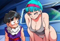 1boy 1girls ai_generated alternate_ass_size areola areolae ass big_ass big_breasts big_penis bigger_female black_hair blue_hair breasts bulma bulma_(dragon_ball) bulma_briefs bulma_briefs_(frieza_saga) busty cleavage clothed dragon_ball dragon_ball_z hairband huge_breasts large_breasts mullon son_gohan tank_top top_heavy top_heavy_breasts