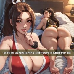 2girls ai_generated bedroom chun-li chun-li_(battle_ouffit_sfv) dead_or_alive fatal_fury feet female gigantic_ass huge_ass king_of_fighters mai_shiranui snapchat_sexting soles street_fighter thicc wide_hips