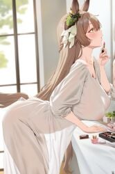 ai_generated animal_ears braided_hair brown_eyes female horse_girl long_hair makeup nipples_visible_through_clothing satono_diamond_(umamusume) two_tone_hair umamusume umamusume_pretty_derby