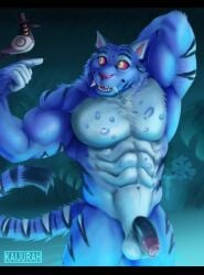 (corvid) abs anthro anthro_male balls big bird black_cock blue_body blue_fur blue_furry breasts breasts cat_eyes claws cock demon derpy derpy_(kpop_demon_hunters) fangs fluffy focus furry hat in kaijurah kpop_demon_hunters long magpie male muscular only out pink posing prepuce red_eyes striped_body striped_fur striped_markings stripes tail three_eyes tiger tiger_ears water yellow_eyes