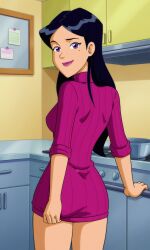 ai_generated ass bigmic145 black_hair bottomless breasts cartoon_network dark_hair female mandy_(totally_spies) medium_breasts mole_under_eye ribbed_sweater solo_female sweater sweater_dress tease teasing totally_spies turtleneck turtleneck_sweater