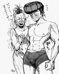 1boy 1girls boxers boxers_(clothing) condom diamond_is_unbreakable erection erection_under_clothes genderswap_(mtf) jojo's_bizarre_adventure josuke_higashikata okuyasu_nijimura rule_63 rule_63