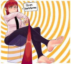 1girls alternate_version_available barefoot bottomwear chainsaw_man clothed clothing female foot_fetish foot_focus highres human leash leashed_pov looking_at_viewer makima_(chainsaw_man) pov pov_feet soles solo speech_bubble text tinsay_(artist) topwear