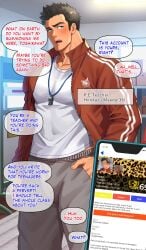 1boy 2boys blackmail blush embarrassed english english_text first_person_view imminent_penetration imminent_sex izukonohito looking_at_viewer male out_of_frame p.e._teacher pov pov_eye_contact school smartphone sports_uniform sportswear talking teacher text