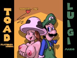 1boy 1girls aqua_teen_hunger_force areolae big_breasts breasts brown_hair chest_beating completely_nude dic_entertainment erection erection_under_clothes female heart_beating heart_symbol holding_own_breast luigi male mario_(series) nintendo nipples nude reference simple_background subtitles text the_super_mario_bros._super_show! toad toad_(flatbush_koopa) twintails