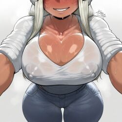 big_breasts blush breasts female jeans mirko my_hero_academia nipple_bulge smiling sweating tagme wide_hips xmito