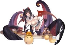 all_fours apron azur_lane black_background black_hair black_thighhighs bow breasts cake cg cleavage demon_girl demon_horns demon_tail demon_wings female food frills full_body hanging_breasts horns jack-o'-lantern large_breasts long_hair looking_at_viewer maid official_alternate_costume official_art open_mouth pumpkin red_eyes red_horns red_tail royal_fortune_(azur_lane) royal_fortune_(treats_from_the_deep)_(azur_lane) simple_background skirt smile solo tail tentacle thighhighs white_apron wings