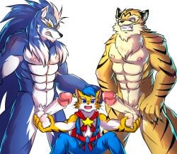 anthro anthro_on_anthro ballbusting balls biped blue_body blue_eyes blue_fur blue_hair canid canine canis claws cock_and_ball_torture countershade_fur countershade_torso countershading dipstick_ears ear_markings ear_piercing ear_ring erection eyebrows felid fur genital_torture genitals glans group hair hi_res humanoid_genitalia humanoid_penis interspecies male male/male mammal multicolored_ears muscular muscular_anthro muscular_male pantherine penis piercing ring_piercing simple_background striped_body striped_fur stripes tail tiger trio whiskers white_background wolf zhuki_(artist)