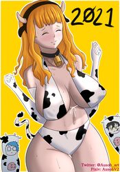 1girls 2021 2boys alternate_version_available animal_ears arms_up ausoh black_clover black_hair blue_hair blush breasts choker cleavage closed_eyes clothed cow_horns cow_print cow_tail cowbell cowsuit deadpan female_focus flat_belly front_view glasses green_eyes hourglass_figure klaus_lunettes large_breasts long_hair mimosa_vermillion navel orange_background orange_hair plain_background smile stomach sweat teenager thick_thighs thigh_gap thighs udders watermark yuno_grinbellior