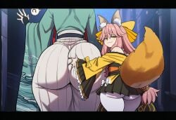 2girls ass ass_grab fate/samurai_remnant fate_(series) female fox_ears fox_girl fox_tail gigantic_ass grabbing_another's_ass huge_ass kimono large_ass larger_female long_hair looking_at_viewer looking_back pink_hair size_difference smaller_female smug tamamo_aria tamamo_no_mae_(fate) yui_shousetsu_(fate)