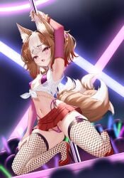 absurdres animal_ears armpits bikini blush bracelet breasts brown_hair commission condom condom_wrapper_in_clothes detached_sleeves female fishnet_thighhighs fishnets fox_ears fox_girl fox_tail from_side full_body hair_ornament hairclip hand_on_own_thigh heart heart_tattoo high_heels highres jewelry kiari_art looking_at_viewer medium_hair multicolored_hair naughty_face navel_piercing open_mouth piercing pixiv_commission pole pole_dancing purple_bikini pussy pussy_cutout red_eyes red_shoes red_skirt sekka_(shadowverse) shadowverse shoes skirt small_breasts smile solo squatting stiletto_heels stomach streaked_hair stripper_pole swimsuit tail tattoo thighhighs white_hair