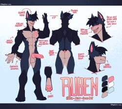 2025 anthro belly_tuft black_body black_fur blue_body blue_fur blush canid canine canis character_name color_swatch crotch_tuft digitigrade domestic_dog ear_tuft eyebrow_piercing facial_piercing fluffy fluffy_tail front_view fur head_tuft hi_res hybrid hyena male mammal mjolnir_necklace model_sheet multicolored_body multicolored_fur multiple_images muscular muscular_male pawpads paws piercing proxicute rear_view side_view simple_background solo tail tan_body tan_fur text tongue tongue_piercing tuft