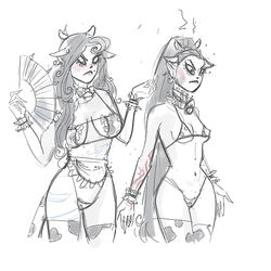 2girls aestra_khromys angry aurelia_malys cow_girl cow_print dark_eldar drukhari drukhari_archon eldar elf_ears female female_only horns jetblackraider lingerie sketch warhammer_(franchise) warhammer_40k