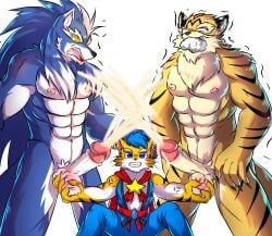 anthro anthro_on_anthro ballbusting ballbusting_induced_orgasm balls biped blue_body blue_eyes blue_fur blue_hair bodily_fluids canid canine canis claws cock_and_ball_torture countershade_fur countershade_torso countershading cum cumshot dipstick_ears ear_markings ear_piercing ear_ring ejaculation erection eyebrows felid foaming_at_mouth fur genital_fluids genital_torture genitals glans group hair hands-free hi_res humanoid_genitalia humanoid_penis interspecies male male/male mammal multicolored_ears muscular muscular_anthro muscular_male pantherine penis piercing ring_piercing simple_background striped_body striped_fur stripes tail tiger trio whiskers white_background wolf zhuki_(artist)