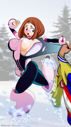 1boy 1boy1girl 1girls all_might areola_slip areolae big_breasts blush blush_stickers bodysuit boots brown_eyes brown_hair clothes_pull clothing faceless_male female grabbing long_hair male my_hero_academia nipple_slip nipples ochako_uraraka one_breast_out outdoors running snow toshinori_yagi undressing undressing_another