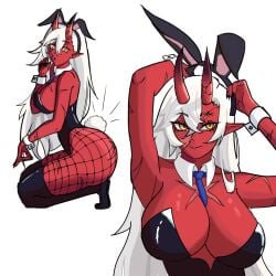 akumi animal_ears black_leotard breasts bunny_ears bunnysuit cleavage detached_collar female full_body high_heels horns large_breasts leotard long_hair looking_at_viewer multiple_views necktie pantyhose red_skin simple_background tail thighhighs vyugen white_background white_hair wrist_cuffs yellow_eyes