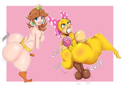 1boy 2girls ass ass_shake big_ass big_breasts big_penis bimbo blue_eyes bottom_heavy bow breasts brown_hair bubble_butt clenched_teeth dark-skinned_male daysy female hi_res highres huge_ass human_on_anthro interspecies large_ass large_penis leaning_forward male mario_(series) multiple_girls penis pink_background princess_daisy shortstack simple_background sound_effects standing testicles thick_thighs tiara twerking unseen_male_face wendy_o._koopa white_border wide_hips yellow_scales yellow_skin