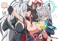 3girls animal_ears blue_archive bound catgirl dual_persona femdom french_kiss gearr3x halo japanese_clothes kemonomimi no_bra shiroko_(blue_archive) shiroko_(terror)_(blue_archive) wakamo_(blue_archive) wide_eyed yuri