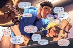 2boys against_surface against_table anal anal_sex bara bareback bending_over bent_over big_penis dilf dubious_consent english english_text erect_penis erection from_behind_position gay gay_domination gay_sex handcuffs huge_cock inviting inviting_to_sex izukonohito large_penis male male_only male_rape_victim muscular muscular_male on_table penis police police_hat police_uniform precum precum_drip punishment rape seductive text text_bubble thick_penis veiny_penis yaoi