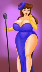 big_breasts blue_dress brown_hair dolores_(who_framed_roger_rabbit) hyper_bimbo microphone microphone_stand saturnxart thick_thighs who_framed_roger_rabbit yellow_gloves