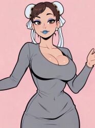 1girls ai_generated animated bimbo blue_lipstick breasts chun-li cleavage dancing dongtan_dress double_bun dress eyeshadow female hair_ribbon half-closed_eyes hand_on_breast large_breasts lips lipstick megazard narrow_waist parted_lips pink_background smile solo street_fighter tagme video wide_hips