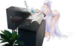 absurdly_long_hair albion_(a_fairy-tale_breakfast)_(azur_lane) albion_(azur_lane) ass azur_lane bare_shoulders bent_over black_background blue_eyes bra breasts butterfly_hair_ornament cg cleavage elf feet female food full_body hair_ornament lace_trim large_breasts leaning_forward legs lingerie long_hair long_sleeves looking_at_viewer milk milk_carton no_shoes off_shoulder official_art open_clothes open_shirt panties plant pointy_ears see-through shirt simple_background solo standing table thighhighs thighs thong toes underwear very_long_hair white_bra white_hair white_panties white_shirt white_thighhighs