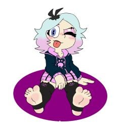 1girls 2d 2d_(artwork) absurdres adorable_girl artist_request barefoot best_feet best_girl blue_eyes blush blushing chibi chubby_female cute_female cute_female_feet dyed_hair emberlynn_pinkle emberlynn_pinkle_(human_form) feet female_focus female_only foot_fetish foot_focus foot_play foot_tease foot_worship goth_girl hellaverse helluva_boss highres hoodie horny_female looking_at_viewer pac-man_eyes pink_shirt pink_soles presenting_feet shortstack showing_feet smiling_at_viewer soles soles_fetish solo_female stirrups teasing toes tongue_out vivziepop weeb winking_at_viewer
