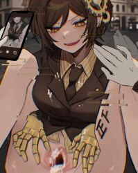after_sex after_vaginal belt body_writing breasts brown_eyes brown_hair brown_necktie censored coat collared_shirt commentary_request cum earrings female gauntlets gears glitch highres jacket jewelry korean_commentary large_breasts limbus_company long_sleeves menodow390 mosaic_censoring necktie open_mouth outis_(project_moon) phone pinstripe_pattern pinstripe_shirt project_moon pussy shirt short_hair smile solo_focus spread_pussy t_corp._(identity)_(project_moon) tally time_stop tongue waving yellow_eyes yellow_shirt