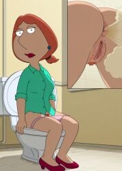 ai_generated anus aqua_shirt ass asshole bathroom caught caught_naked caught_off_guard caught_peeping family_guy fart fart_cloud fart_fetish farting from_behind from_below ginger ginger_female ginger_hair ginger_pubic_hair lois_griffin milf mother panels peeping pink_panties ponytail pulling_down_panties pulling_panties pussy red_hair red_pubic_hair redhead_female sitting sitting_on_toilet toilet toilet_use underneath upset vagina