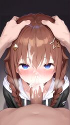 1boy 1girls ai_generated black_hoodie blue_eyes blush brown_hair crying cum cum_in_mouth facial fellatio female hololive hololive_gen_0 hololive_japan male penis straight tokino_sora virtual_youtuber